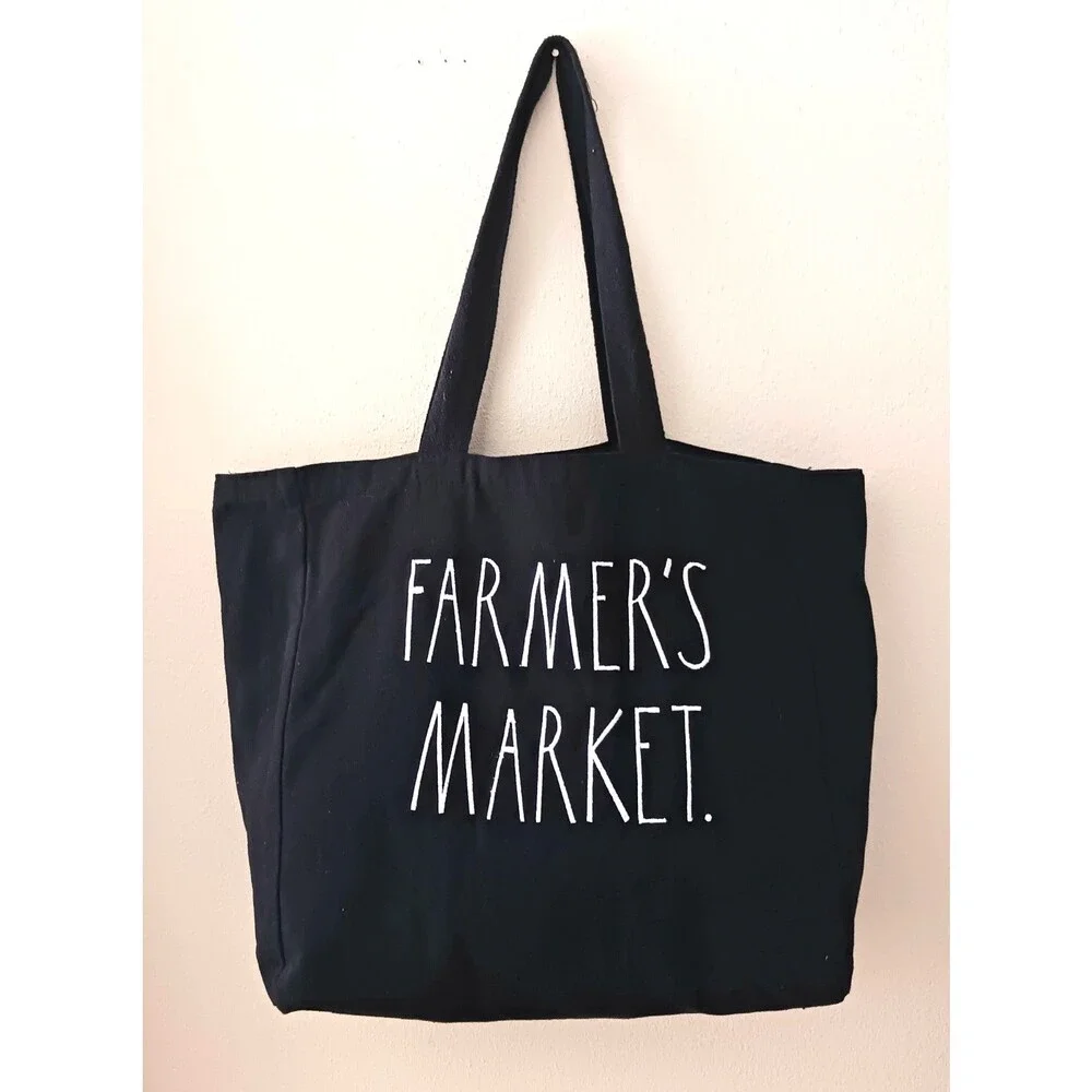 Rae Dunn "FARMER'S MARKET" Large Blk Canvas Tote Bag, Reusable, Grocery Shop - Picture 8 of 8